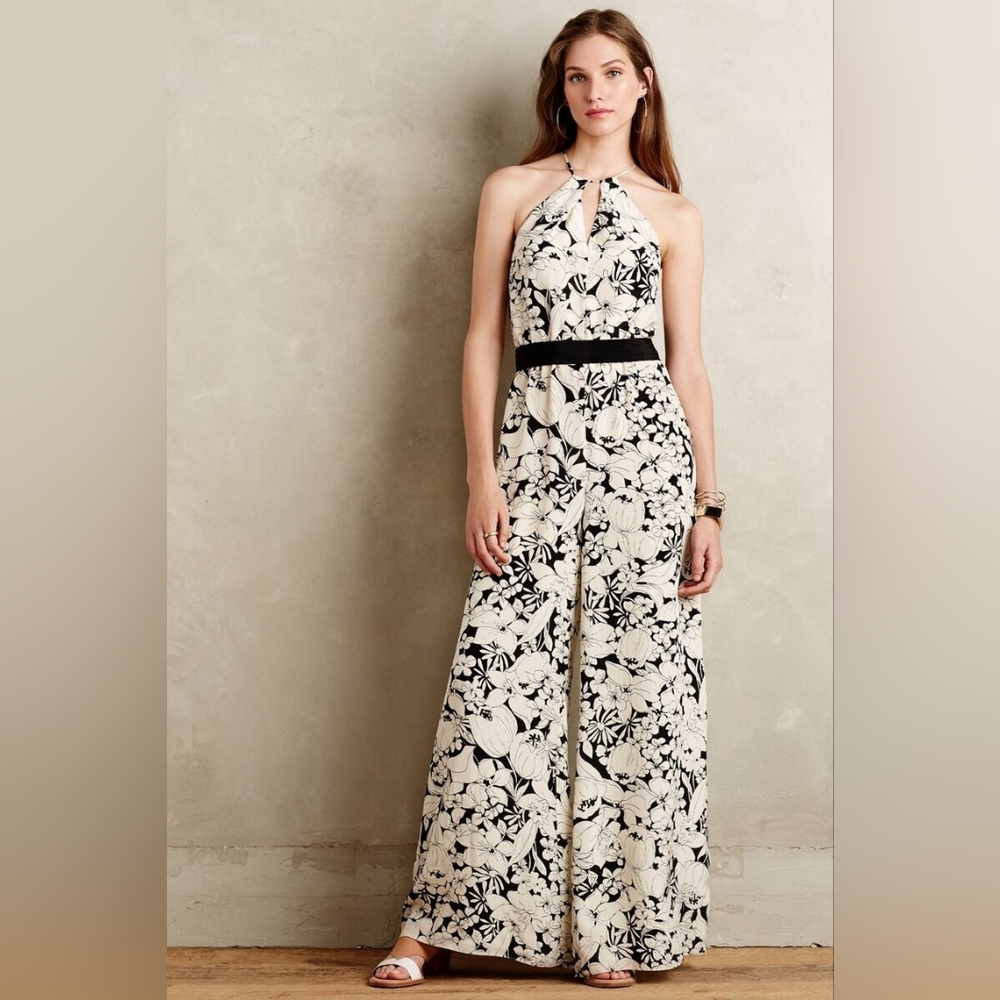Elevenses x Anthropologie Lilium Black and Cream Floral Jumpsuit: Size L